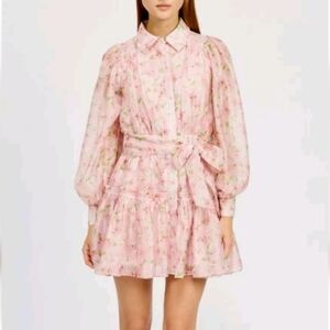En Saison Josette Pink Floral Tie-Waist Long-Sleeve Button Down Shirt Mini Dress